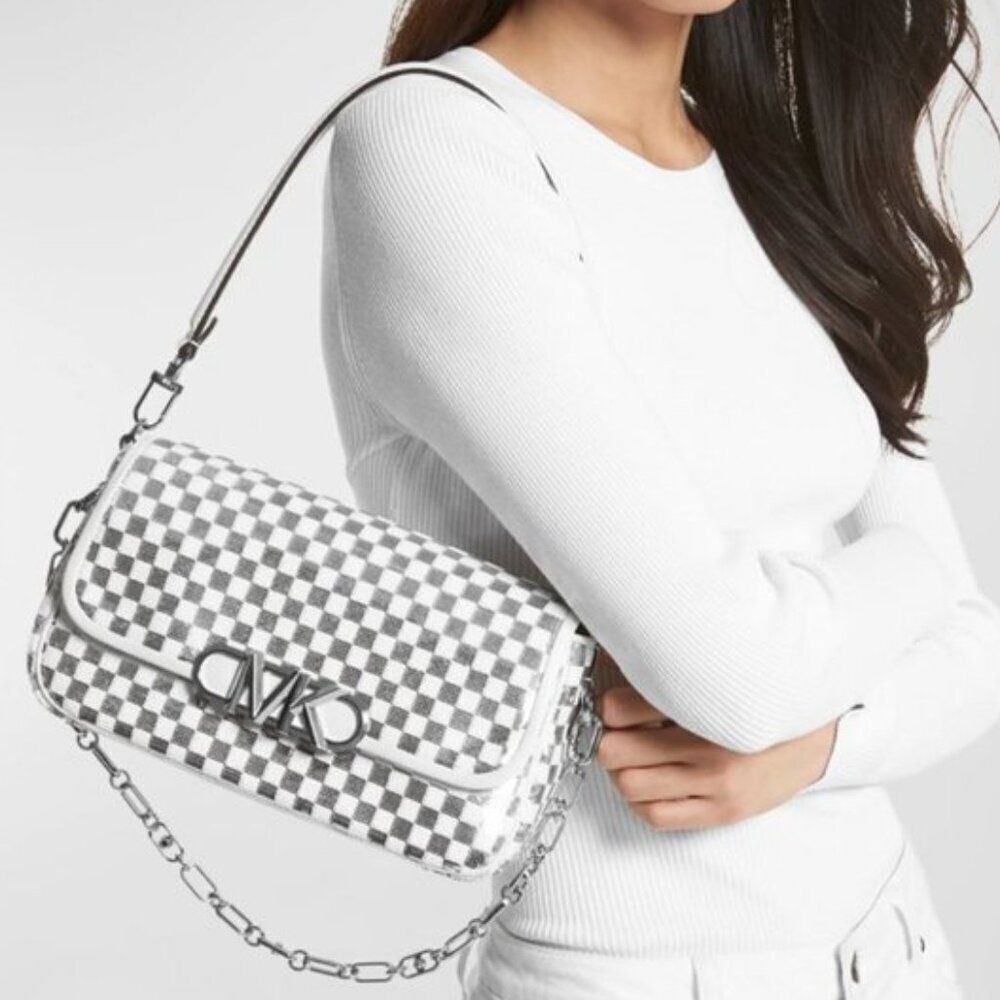 HTF MICHAEL KORS PARKER CHECK SILVER‎ POUCHETTE CONVERTIBLE SHOULDER BAG NWT